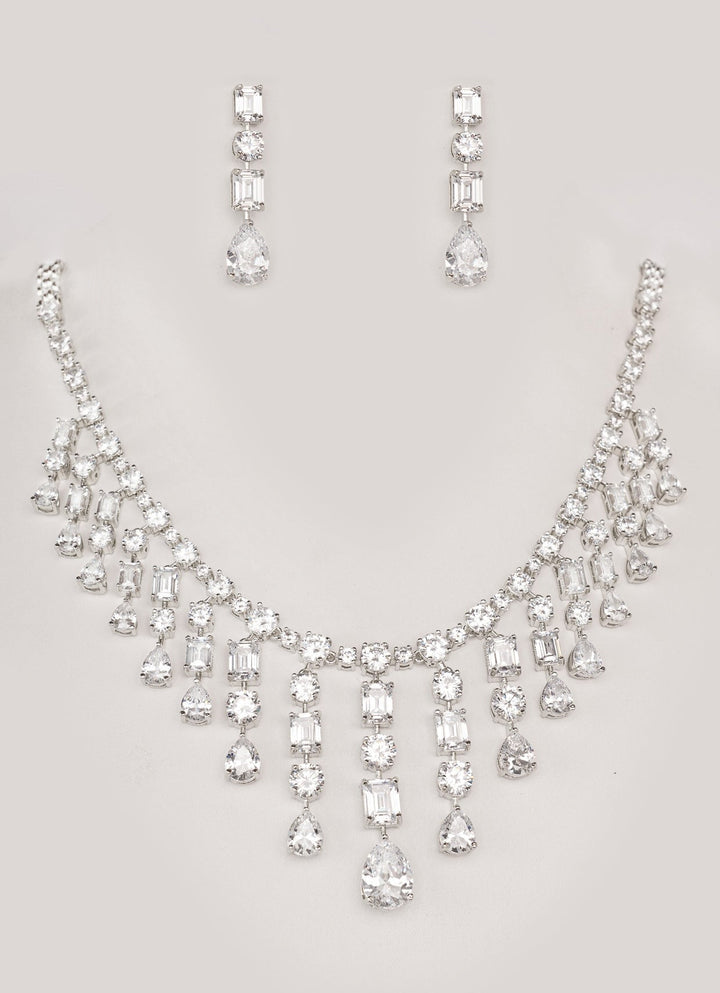 White Finish Teardrop Diamond Necklace Set Zevar by Geeta - Fabilicious Fashion