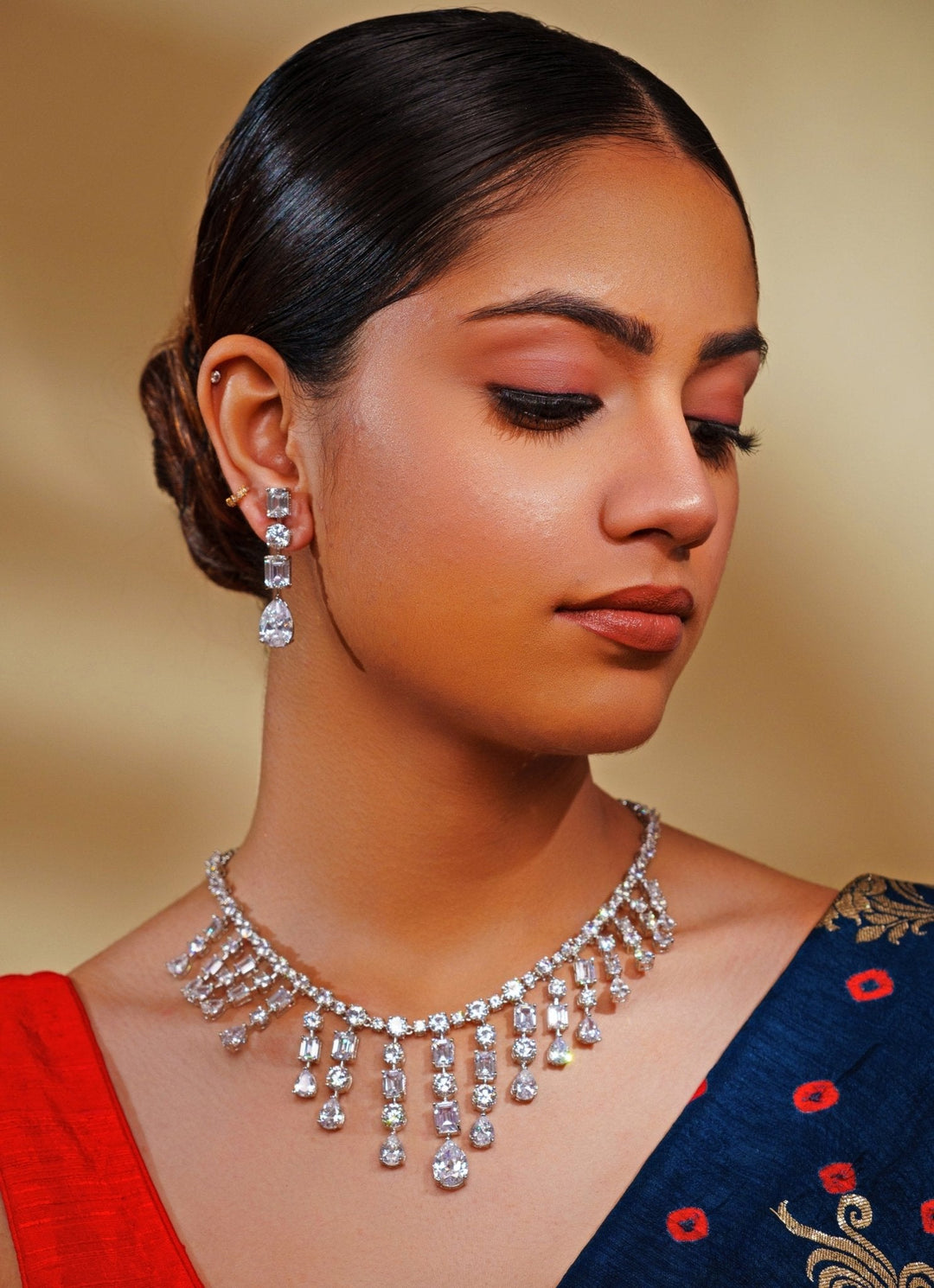White Finish Teardrop Diamond Necklace Set Zevar by Geeta - Fabilicious Fashion