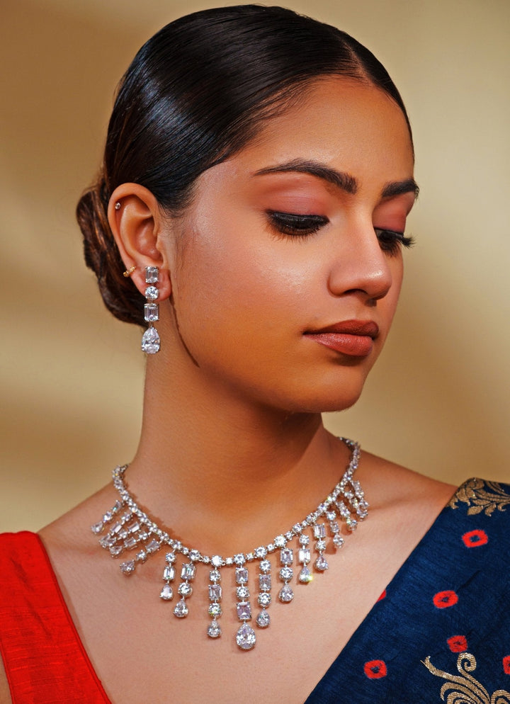 White Finish Teardrop Diamond Necklace Set Zevar by Geeta - Fabilicious Fashion