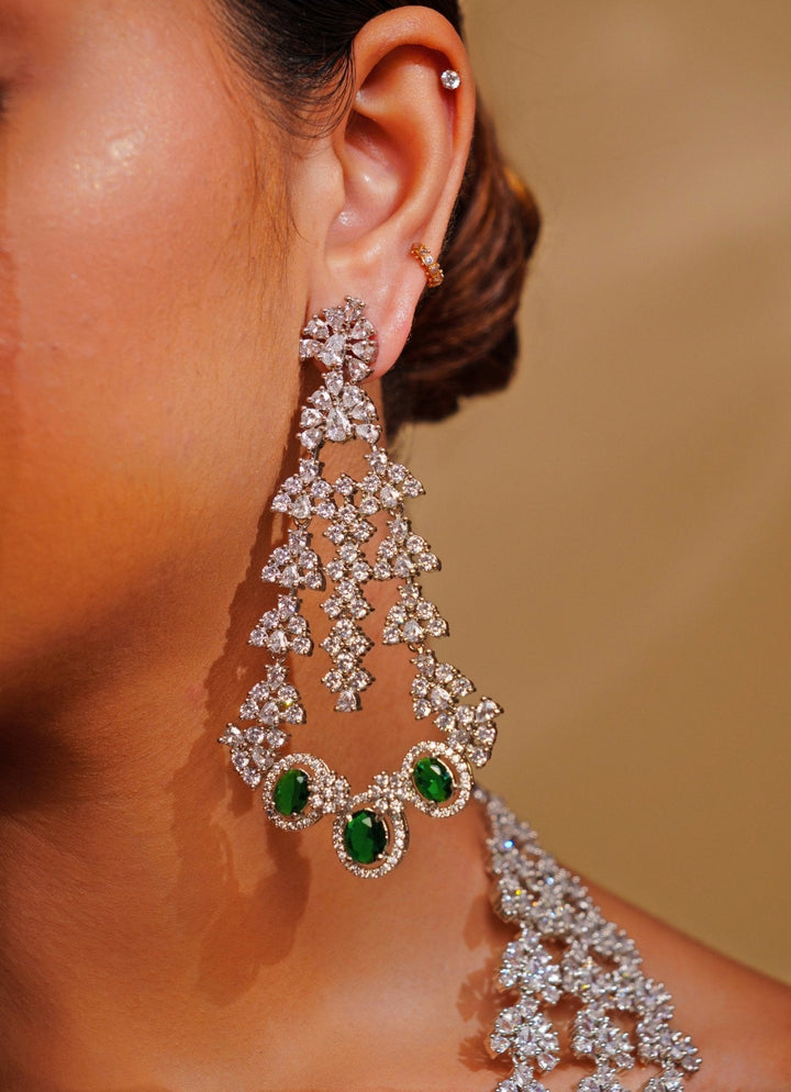 White Finish Three Layered Diamond And Green Necklace Set Zevar by Geeta - Fabilicious Fashion
