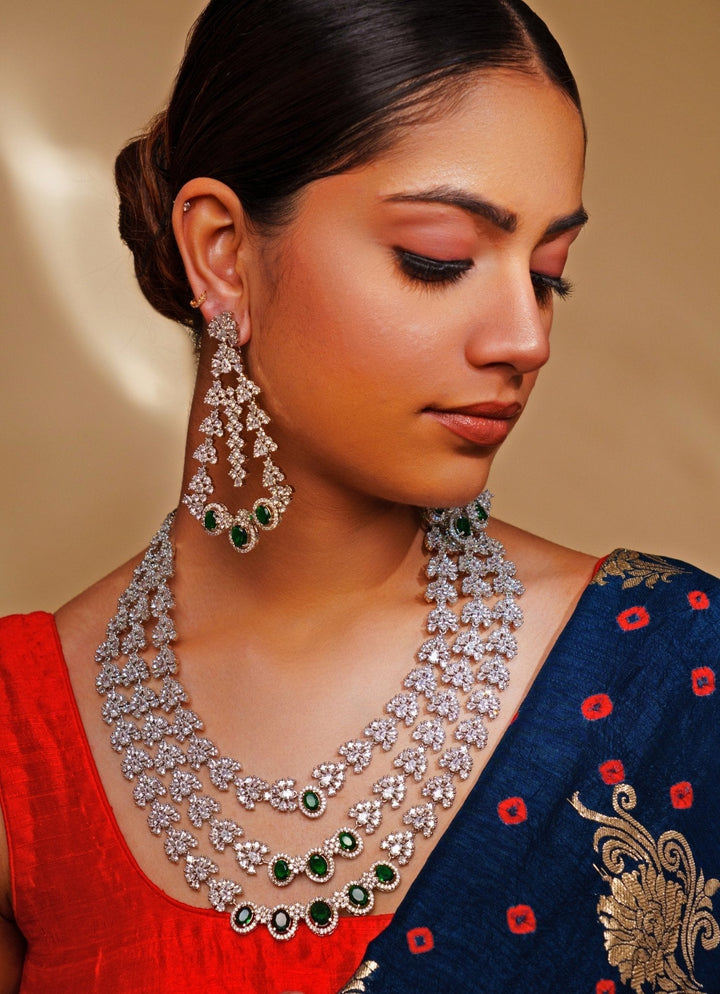 White Finish Three Layered Diamond And Green Necklace Set Zevar by Geeta - Fabilicious Fashion