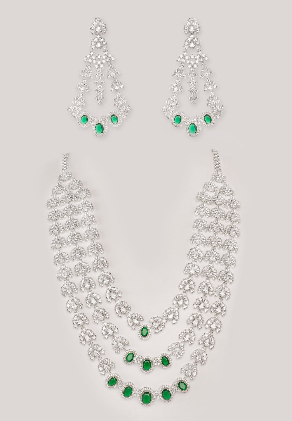 White Finish Three Layered Diamond And Green Necklace Set Zevar by Geeta - Fabilicious Fashion
