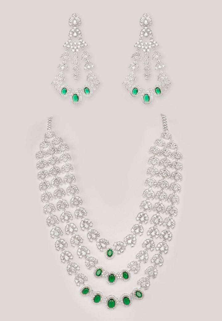 White Finish Three Layered Diamond And Green Necklace Set Zevar by Geeta - Fabilicious Fashion
