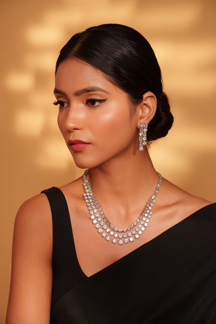 White Finish Three Layered Diamond Necklace Set Zevar by Geeta - Fabilicious Fashion
