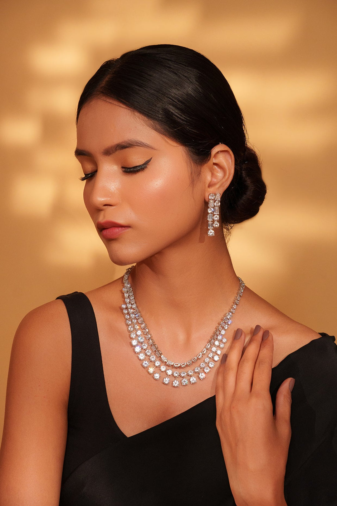 White Finish Three Layered Diamond Necklace Set Zevar by Geeta - Fabilicious Fashion