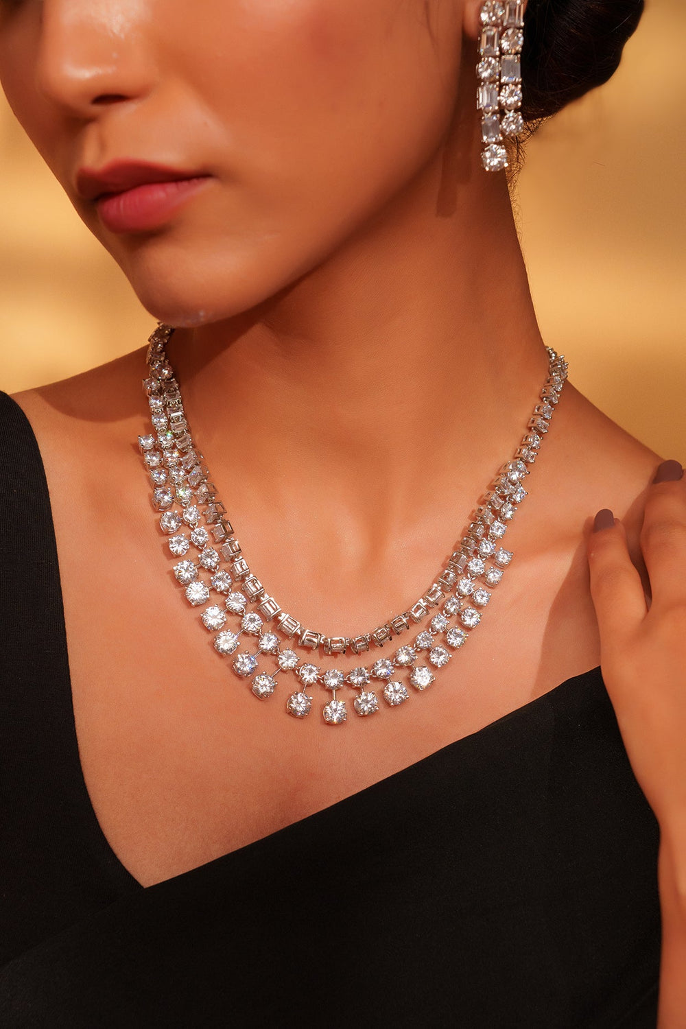 White Finish Three Layered Diamond Necklace Set Zevar by Geeta - Fabilicious Fashion