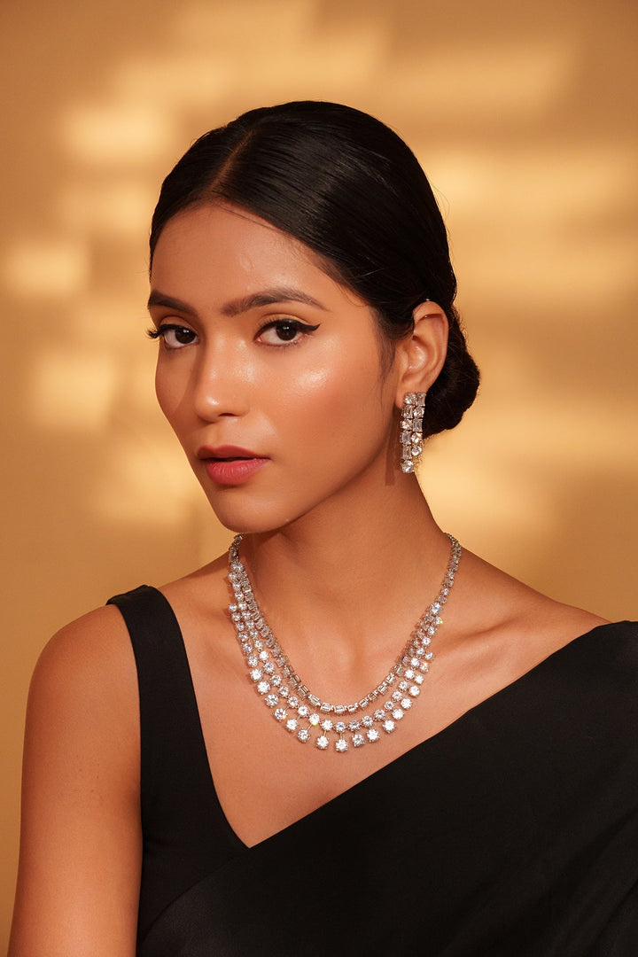 White Finish Three Layered Diamond Necklace Set Zevar by Geeta - Fabilicious Fashion