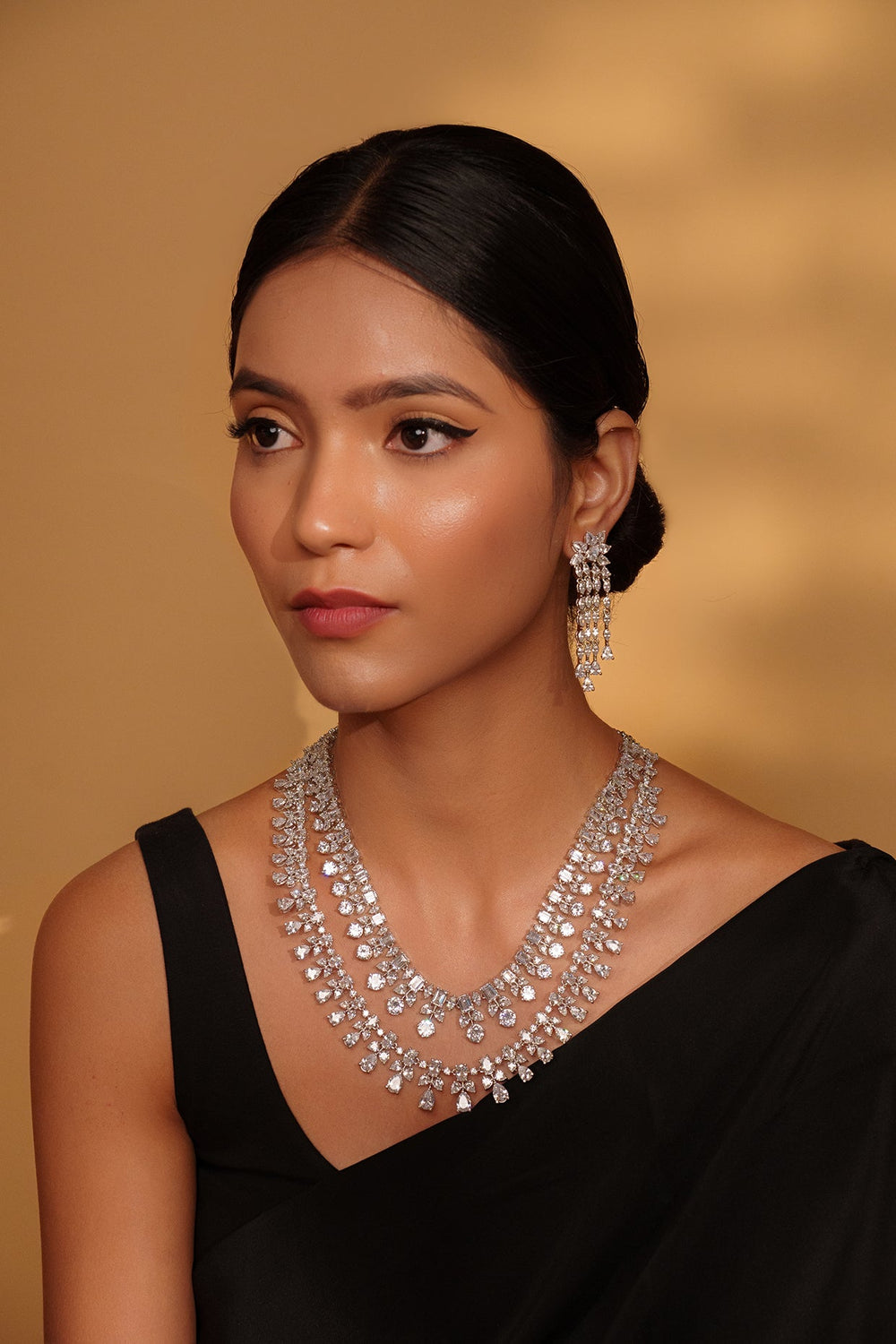 White Finish Two Line Diamond Necklace Set Zevar by Geeta - Fabilicious Fashion