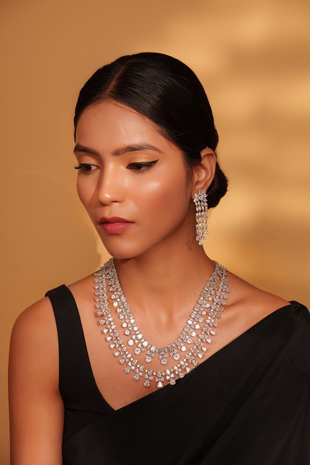 White Finish Two Line Diamond Necklace Set Zevar by Geeta - Fabilicious Fashion