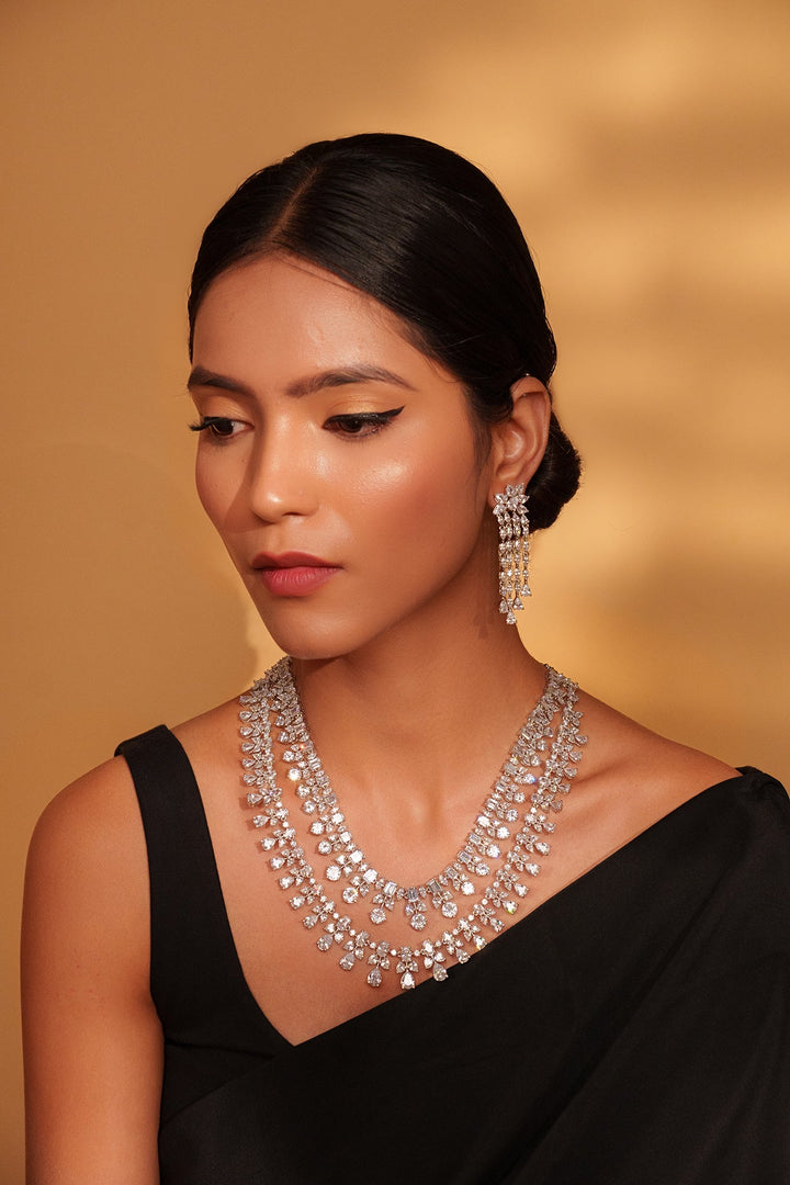 White Finish Two Line Diamond Necklace Set Zevar by Geeta - Fabilicious Fashion