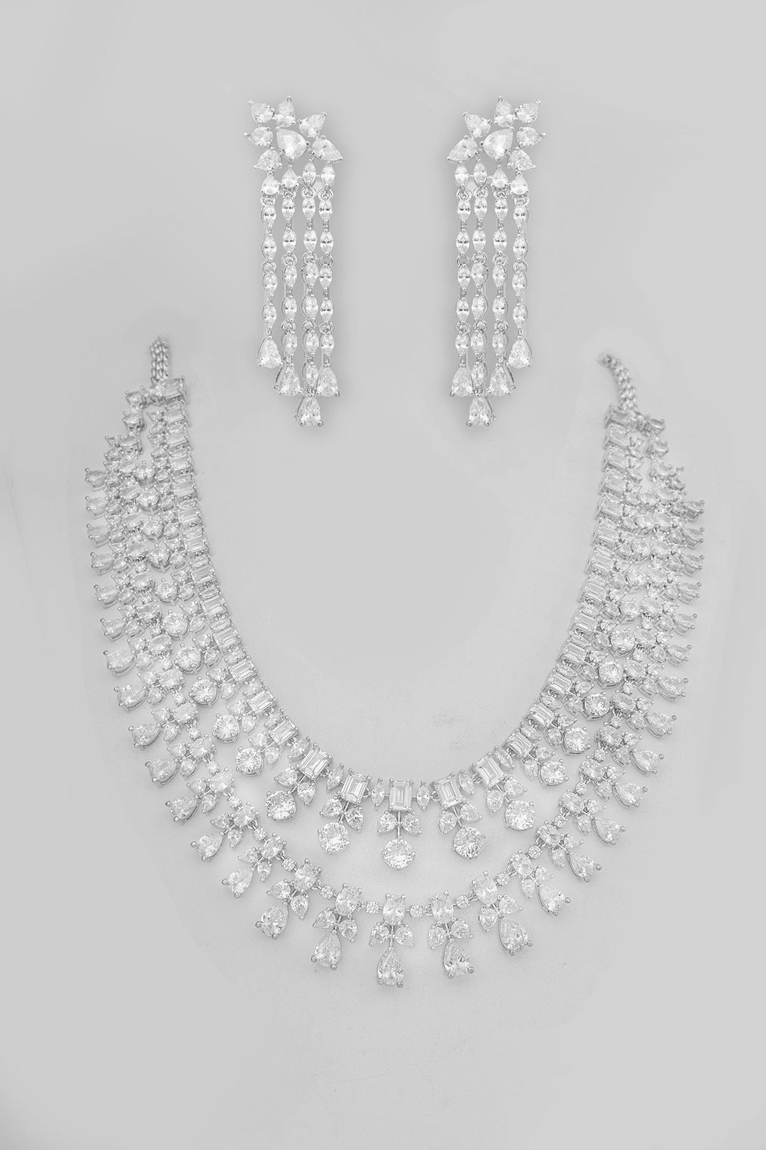 White Finish Two Line Diamond Necklace Set Zevar by Geeta - Fabilicious Fashion
