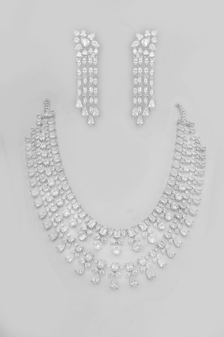 White Finish Two Line Diamond Necklace Set Zevar by Geeta - Fabilicious Fashion