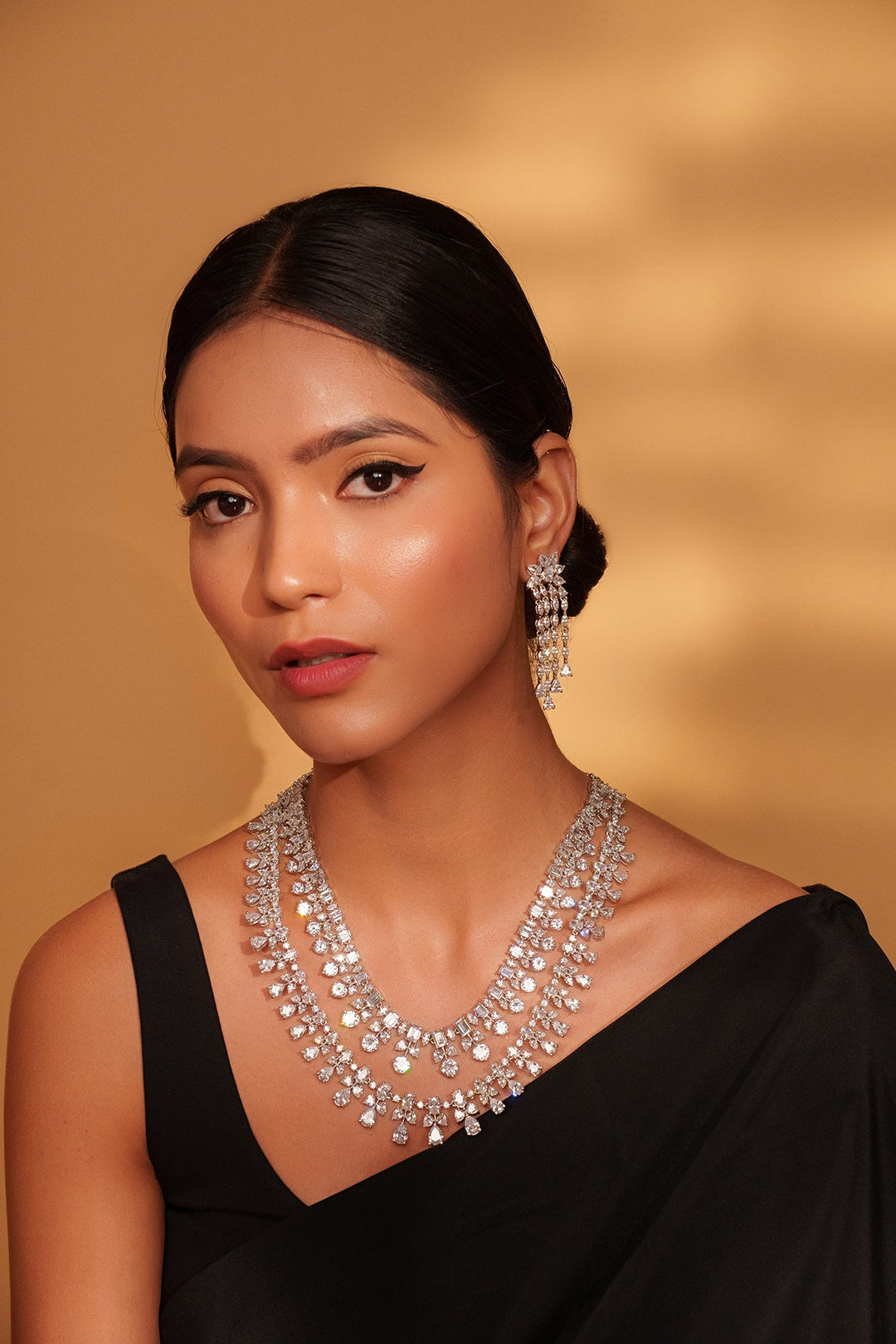 White Finish Two Line Diamond Necklace Set Zevar by Geeta - Fabilicious Fashion