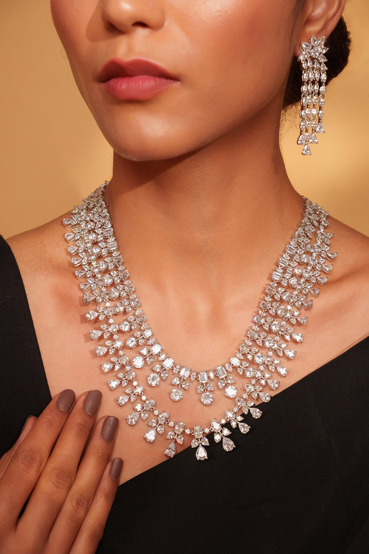 White Finish Two Line Diamond Necklace Set Zevar by Geeta - Fabilicious Fashion