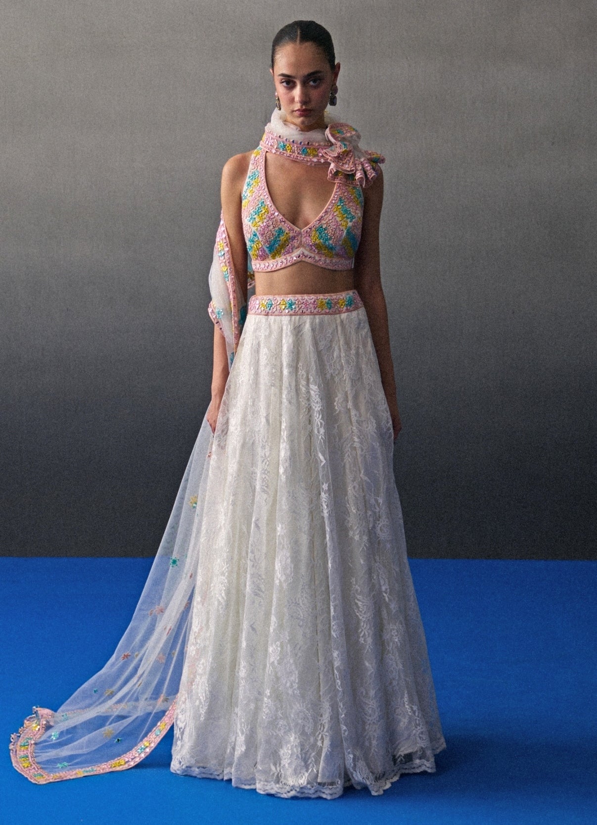 White floral lace wedding guest lehenga