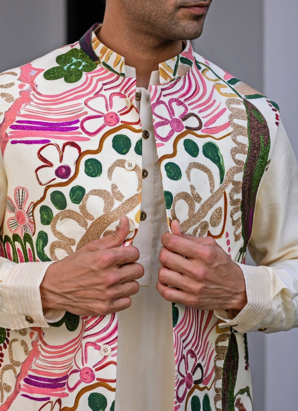 White Floral Print Silk Bundi Juhi Bengani - Men - Fabilicious Fashion