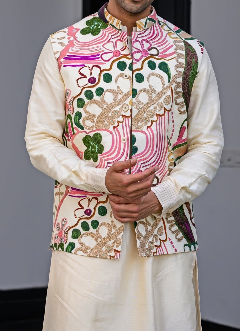 White Floral Print Silk Bundi Juhi Bengani - Men - Fabilicious Fashion