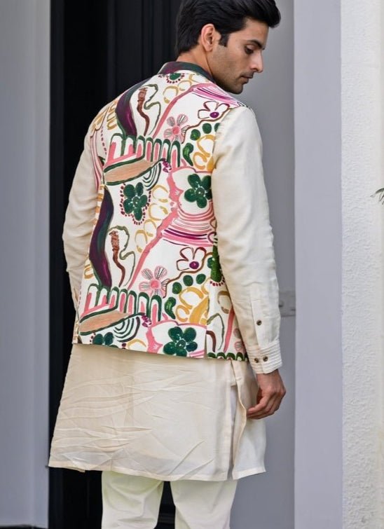 White Floral Print Silk Bundi Juhi Bengani - Men - Fabilicious Fashion