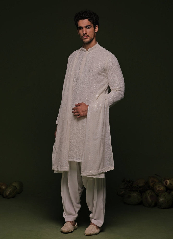 White Geometric Kurta Patiala Pant Set With Dupatta Kalpraag - Fabilicious Fashion