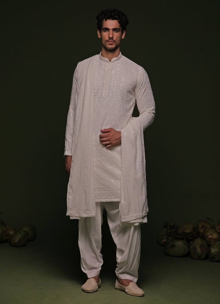 White Geometric Kurta Patiala Pant Set With Dupatta Kalpraag - Fabilicious Fashion