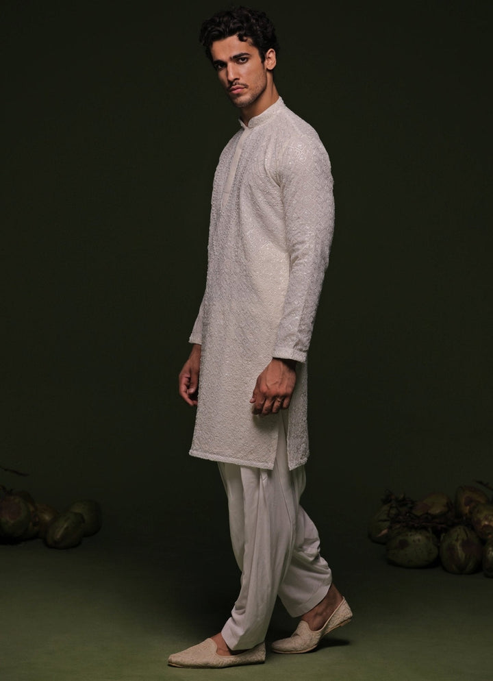 White Geometric Kurta Patiala Pant Set With Dupatta Kalpraag - Fabilicious Fashion