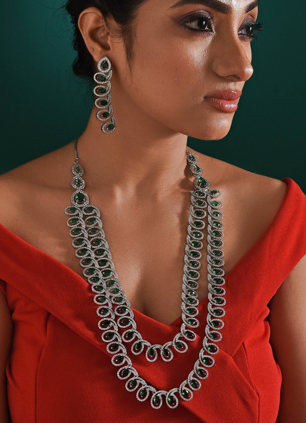 White Gold Plated Emerald And Zircon Stone Layered Long Necklace Set Zaza By Somya - Fabilicious Fashion