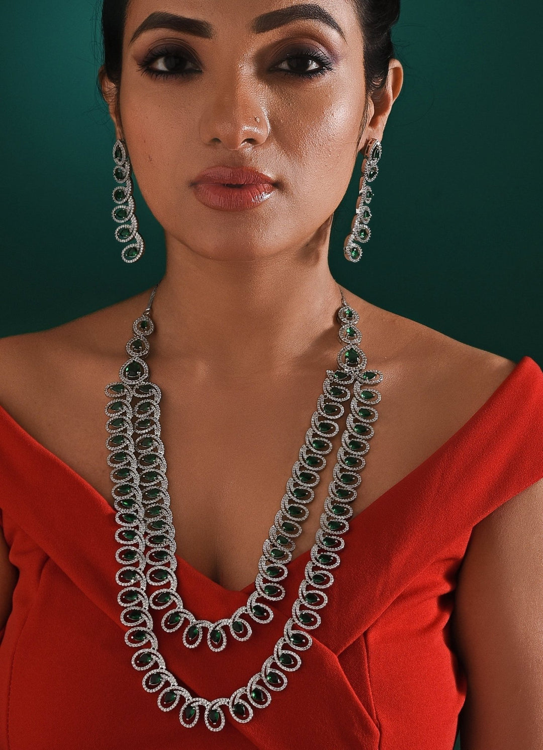 White Gold Plated Emerald And Zircon Stone Layered Long Necklace Set Zaza By Somya - Fabilicious Fashion