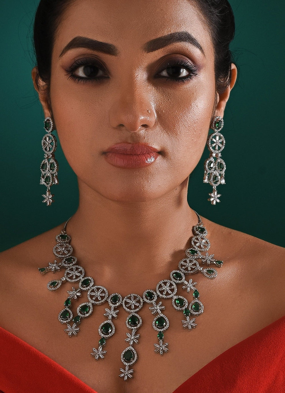 White Gold Plated Emerald Green And Zircon Stone Necklace Set Zaza By Somya - Fabilicious Fashion