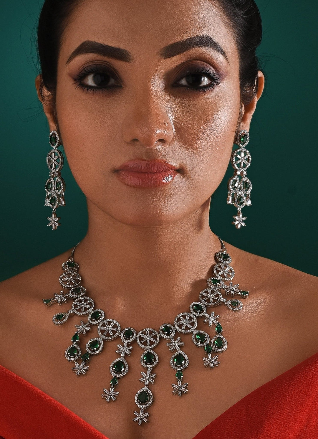 White Gold Plated Emerald Green And Zircon Stone Necklace Set Zaza By Somya - Fabilicious Fashion