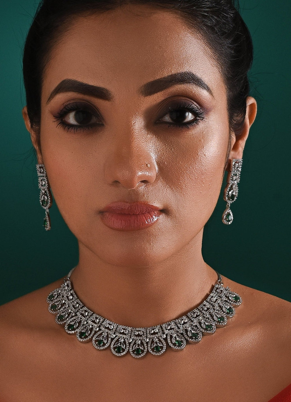 White Gold Plated Green And Zircon Stone Necklace Set Zaza By Somya - Fabilicious Fashion