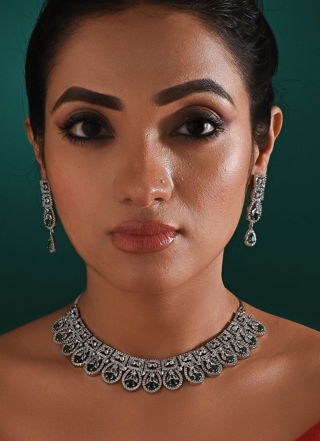 White Gold Plated Green And Zircon Stone Necklace Set Zaza By Somya - Fabilicious Fashion