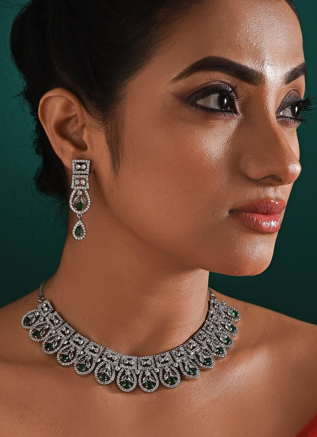 White Gold Plated Green And Zircon Stone Necklace Set Zaza By Somya - Fabilicious Fashion