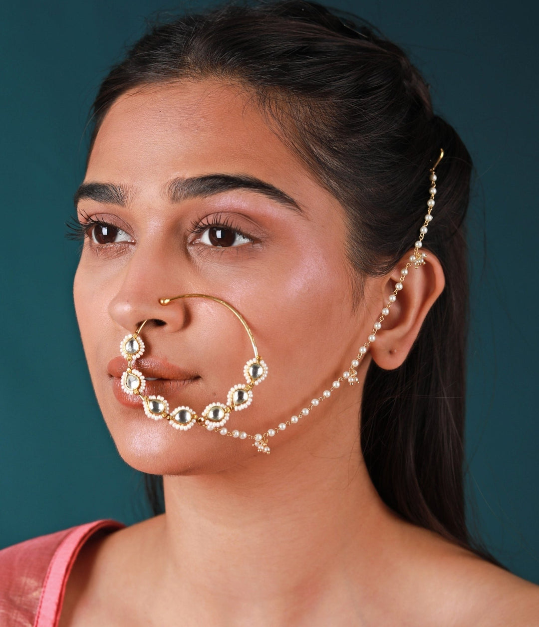 White Gold Plated Pearl Nath Riana by Shikha Jindal - Fabilicious Fashion