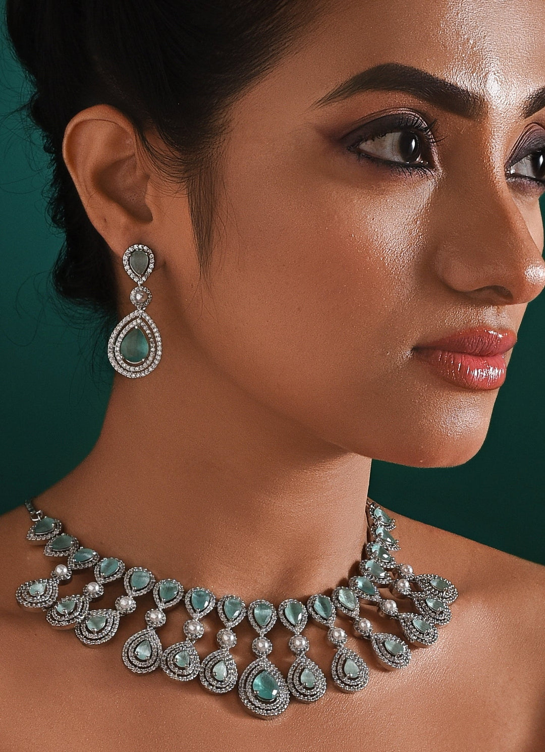White Gold Plated Zircon And Aqua Stone Necklace Set Zaza By Somya - Fabilicious Fashion