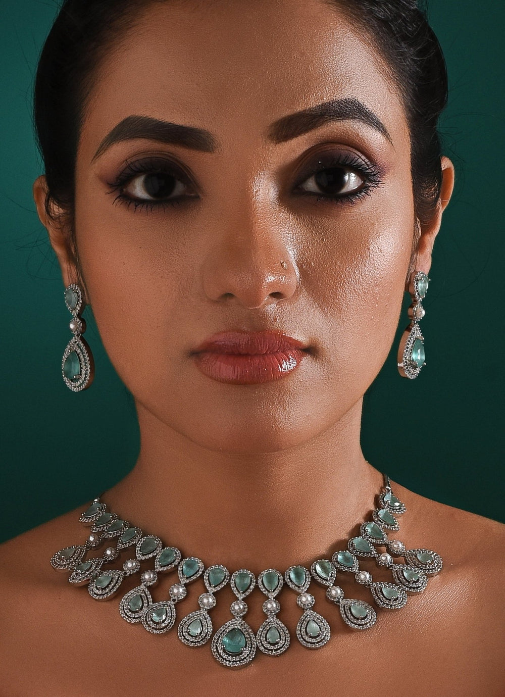 White Gold Plated Zircon And Aqua Stone Necklace Set Zaza By Somya - Fabilicious Fashion