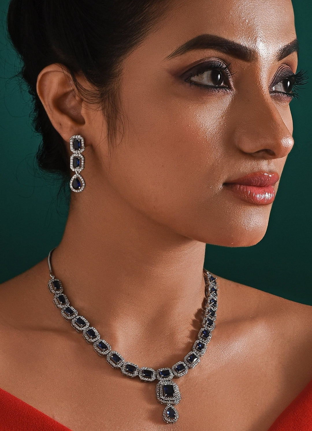 White Gold Plated Zircon And Blue Stone Necklace Set Zaza By Somya - Fabilicious Fashion