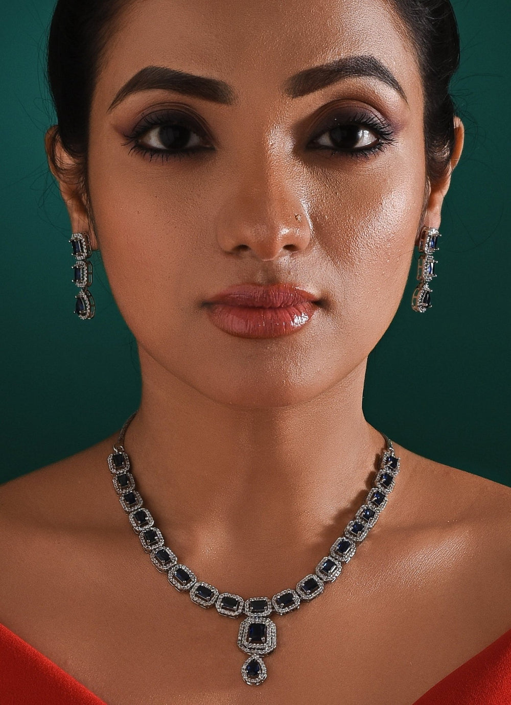 White Gold Plated Zircon And Blue Stone Necklace Set Zaza By Somya - Fabilicious Fashion