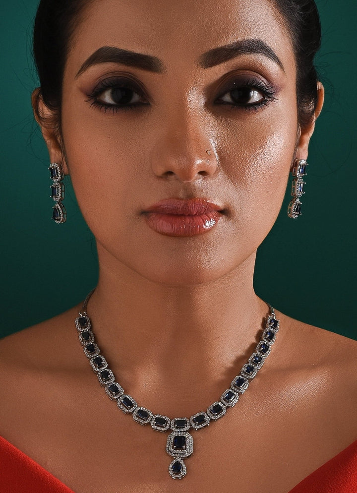 White Gold Plated Zircon And Blue Stone Necklace Set Zaza By Somya - Fabilicious Fashion