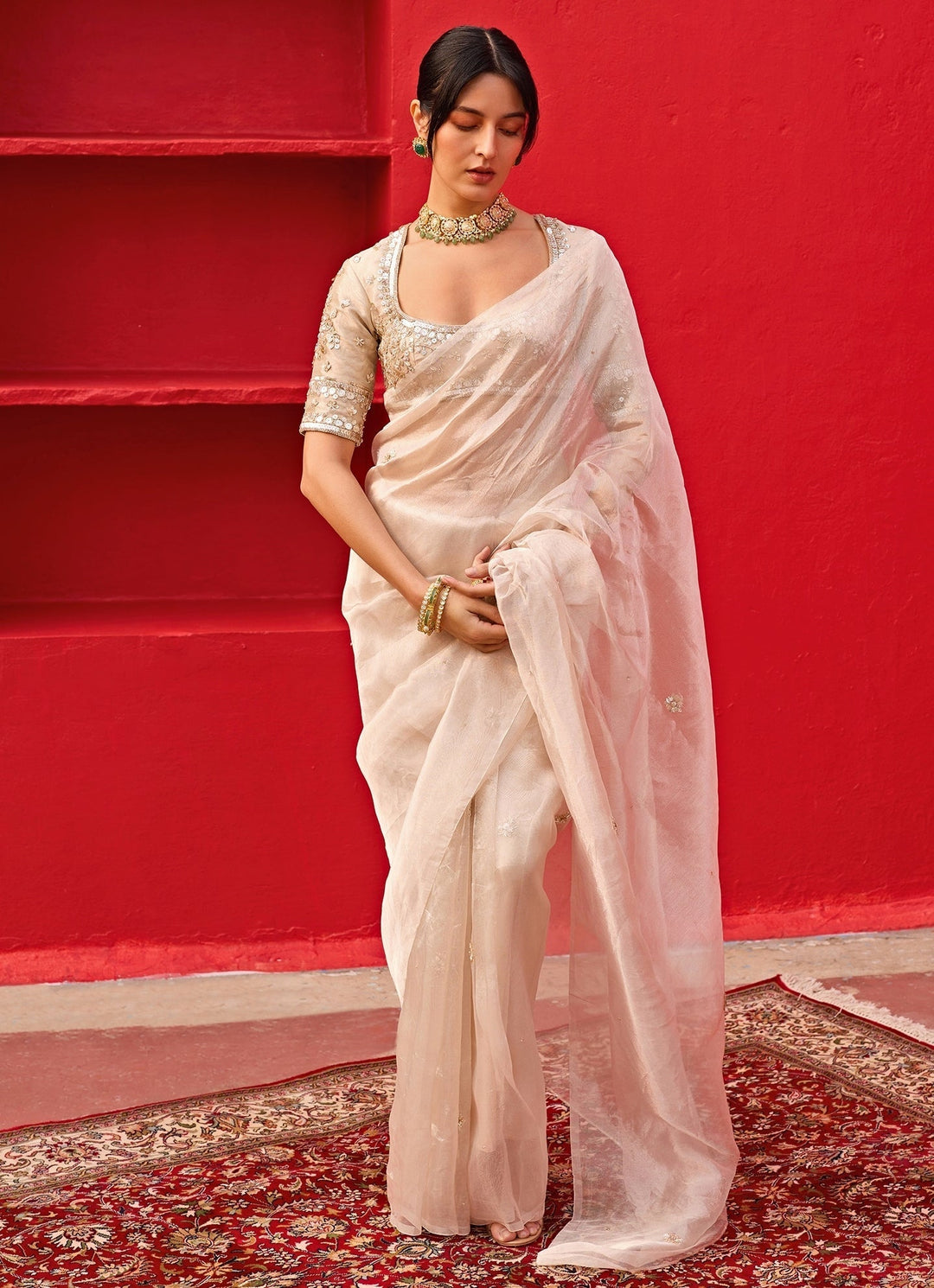 White Golden Embroidered Tissue Saree Zoon Tribe - Fabilicious Fashion