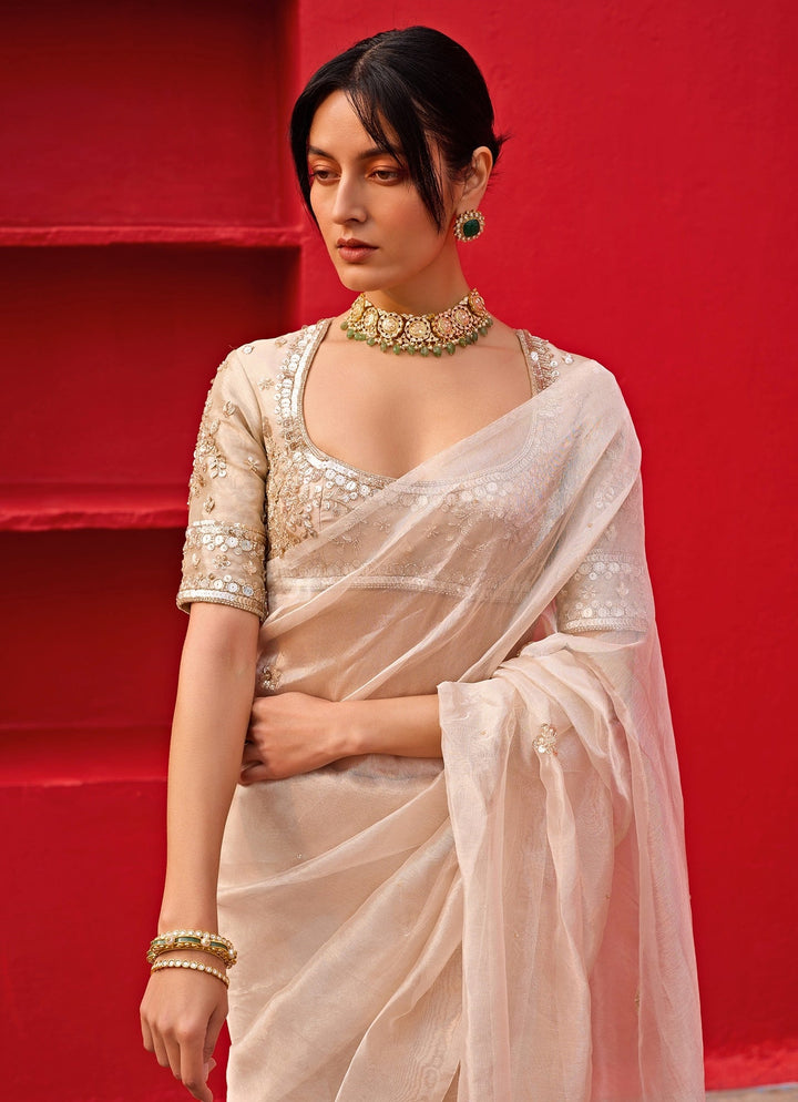 White Golden Embroidered Tissue Saree Zoon Tribe - Fabilicious Fashion