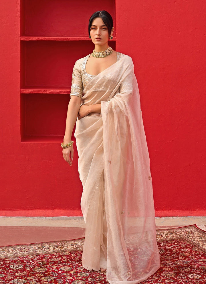 White Golden Embroidered Tissue Saree Zoon Tribe - Fabilicious Fashion