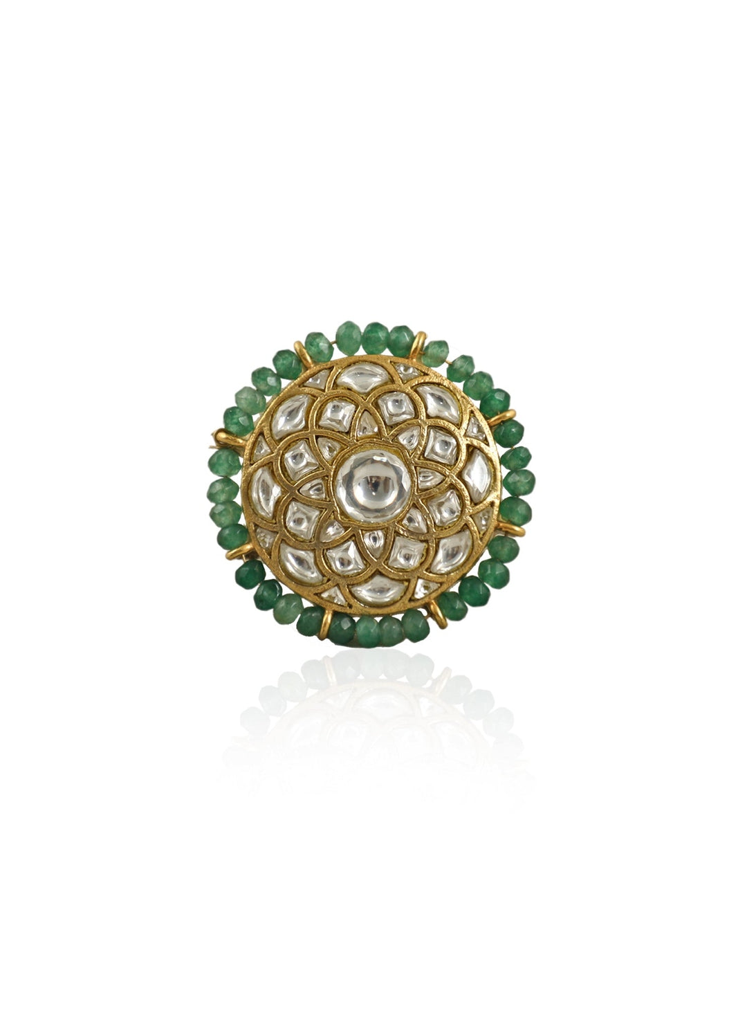 White Jadtar And Green Beads Flower Ring Riana Jewellery - Fabilicious Fashion