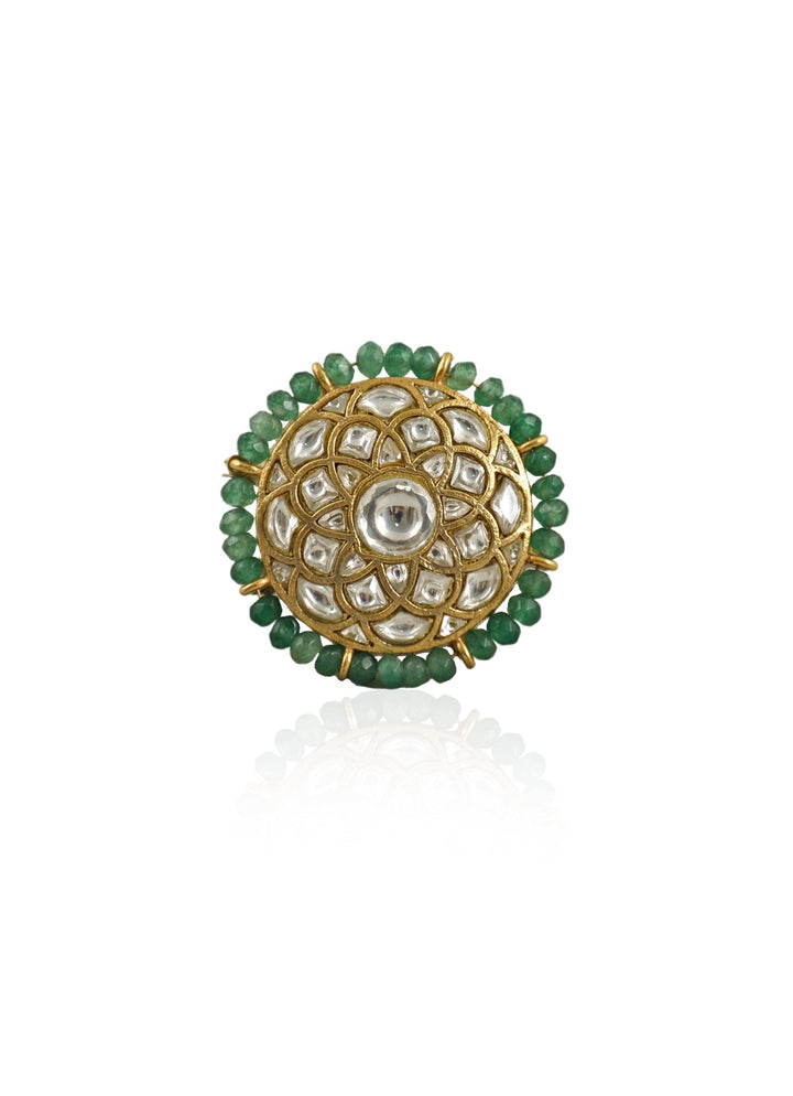 White Jadtar And Green Beads Flower Ring Riana Jewellery - Fabilicious Fashion