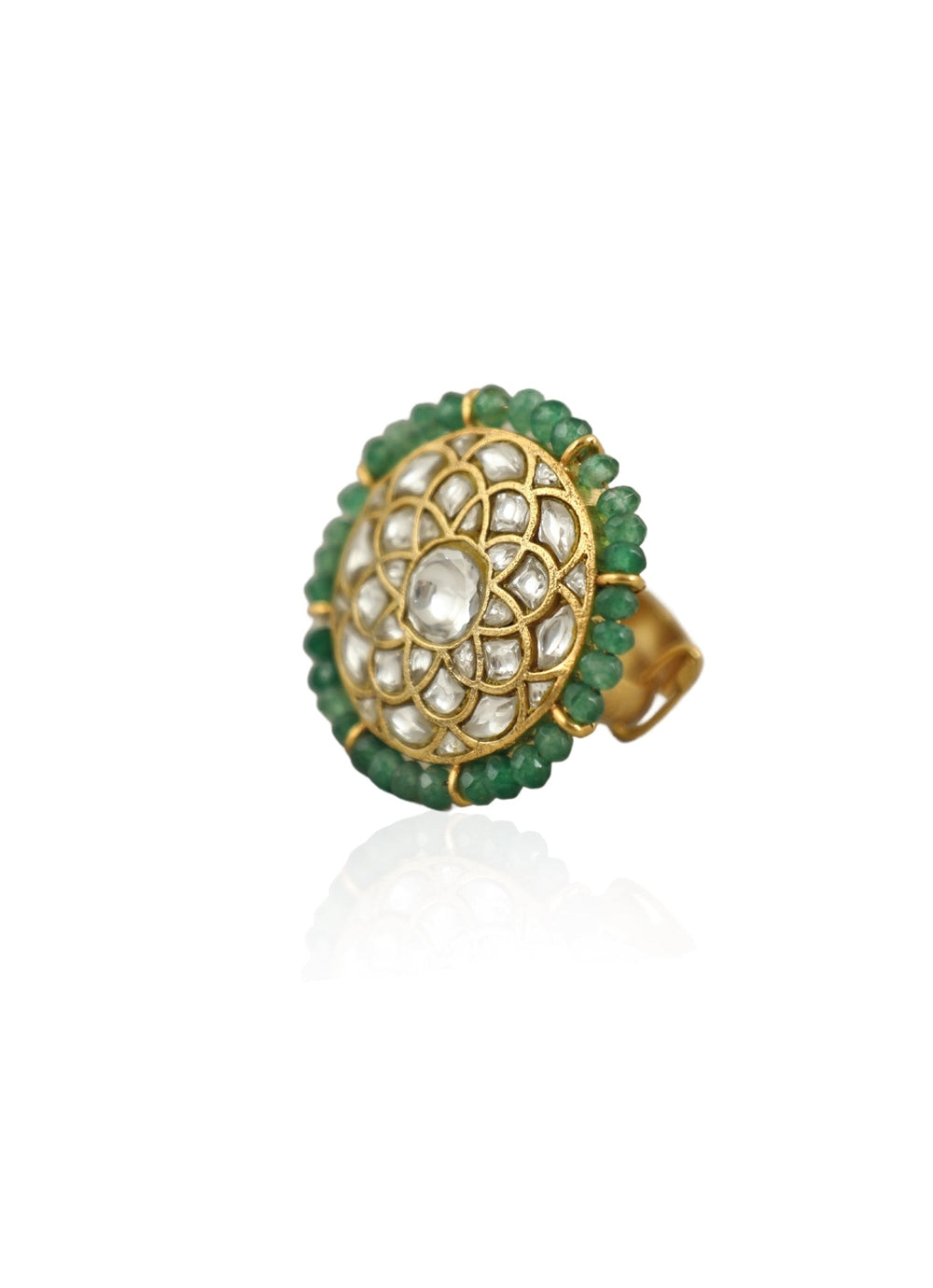 White Jadtar And Green Beads Flower Ring Riana Jewellery - Fabilicious Fashion