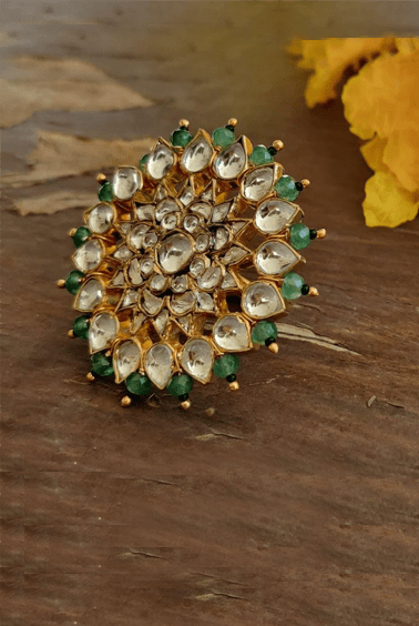 White Jadtar And Light Green Beads Floral Ring Riana by Shikha Jindal - Fabilicious Fashion
