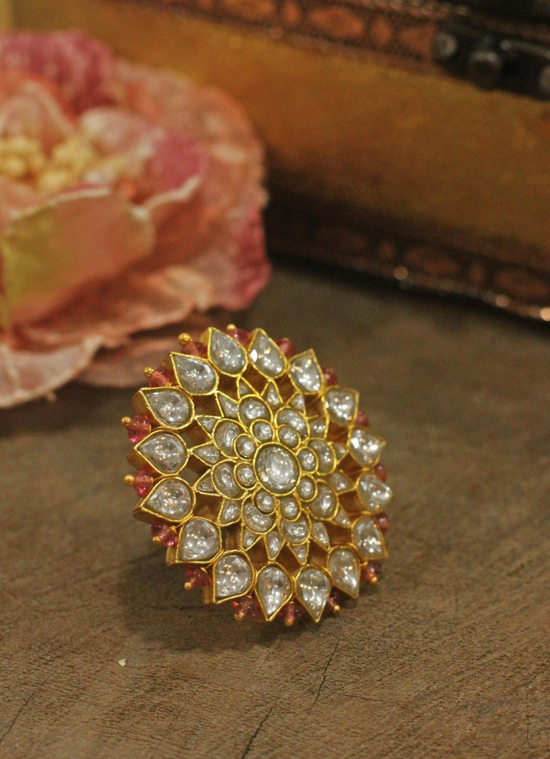 White Jadtar And Light Pink Beads Floral Ring Riana by Shikha Jindal - Fabilicious Fashion