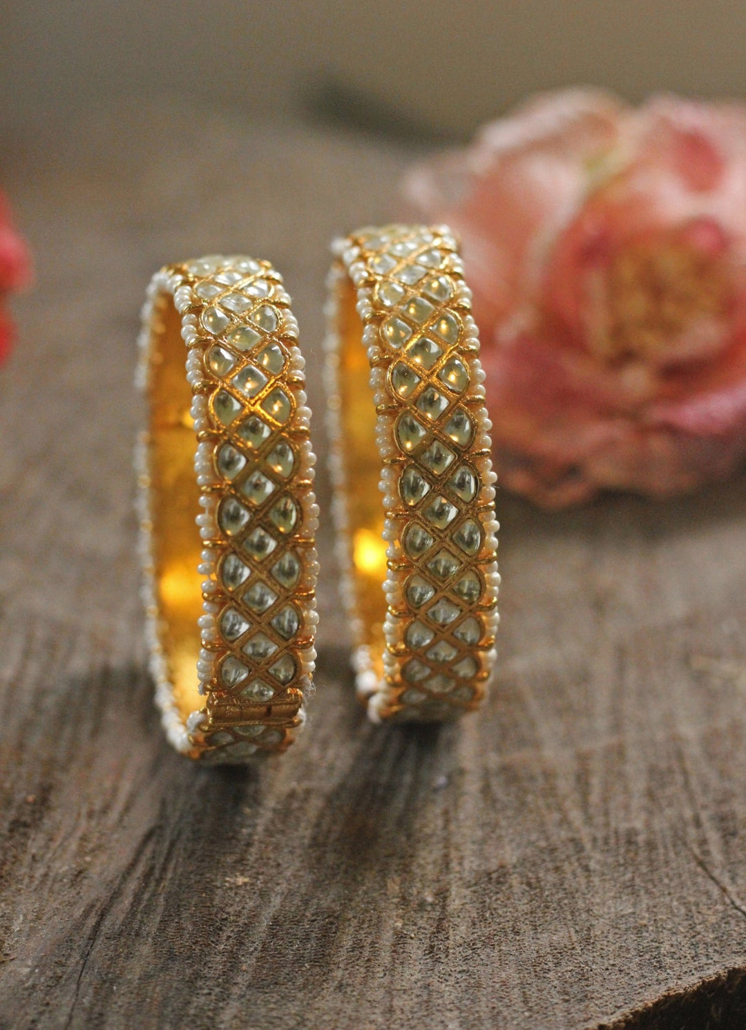 White Jadtar Bangle Set With Pearl Work Riana by Shikha Jindal - Fabilicious Fashion