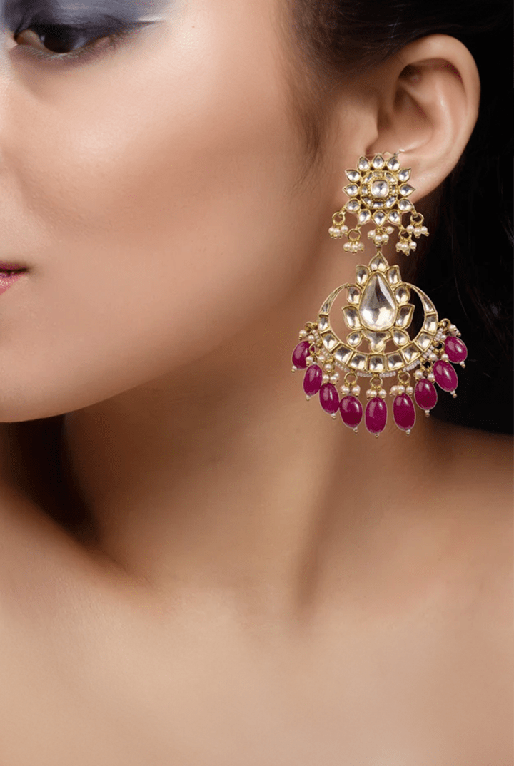 White Jadtar Earrings With Maroon Hangings Riana by Shikha Jindal - Fabilicious Fashion