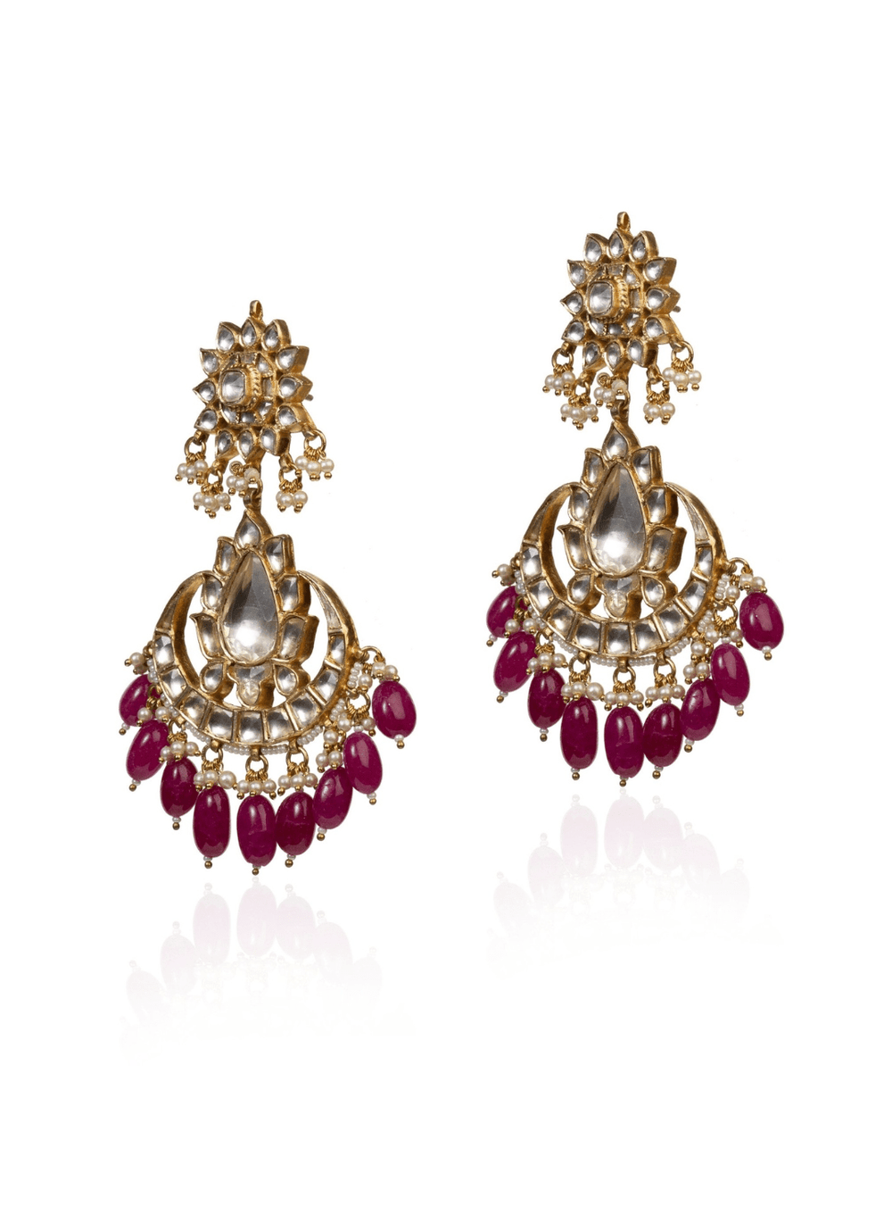 White Jadtar Earrings With Maroon Hangings Riana by Shikha Jindal - Fabilicious Fashion