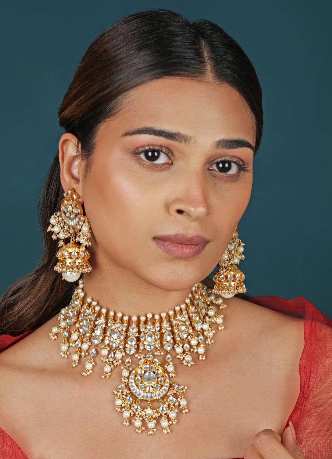 Riana Jewellery White Jadtar Matte Gold Choker SetFabilicious Fashion
